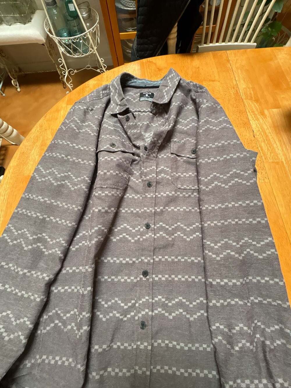 Hurley Men's Grey Geometric Pattern Long Sleeve Button-Down Shirt Size L